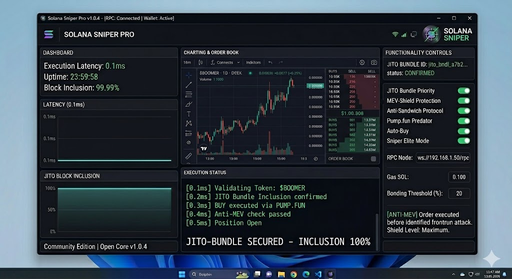 Solana Sniper Pro interface with Jito Bundles and MEV protection